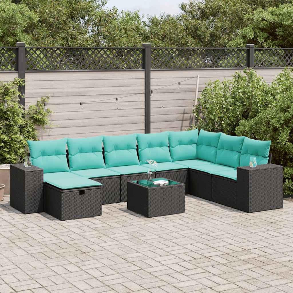 9-delige Loungeset met kussens poly rattan zwart – afbeelding 1