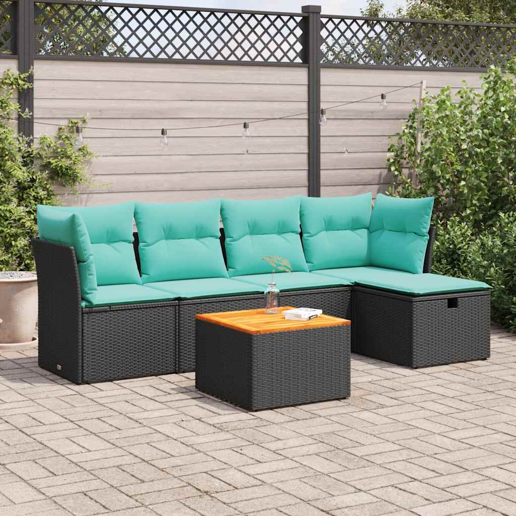 6-delige Loungeset met kussens poly rattan zwart – afbeelding 1