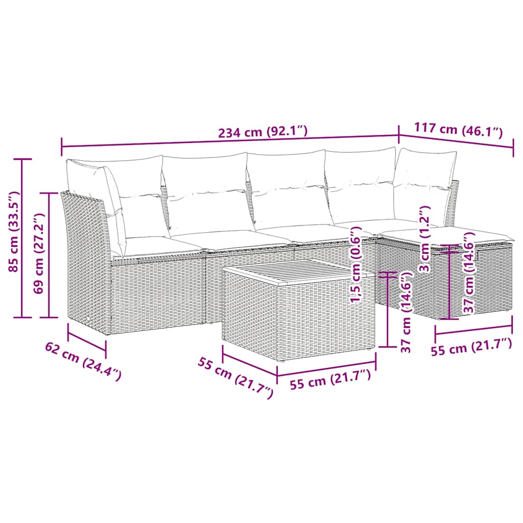 6-delige Loungeset met kussens poly rattan zwart – afbeelding 10