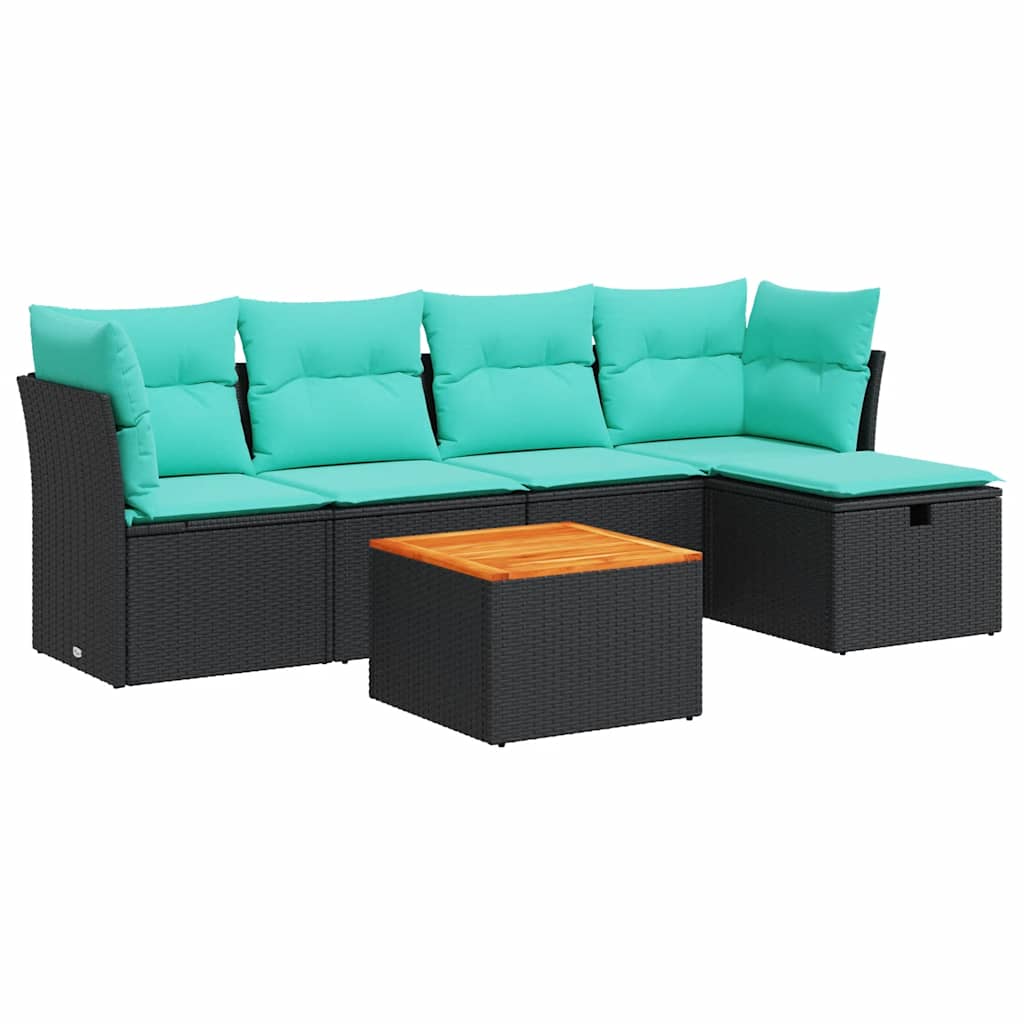 6-delige Loungeset met kussens poly rattan zwart – afbeelding 2