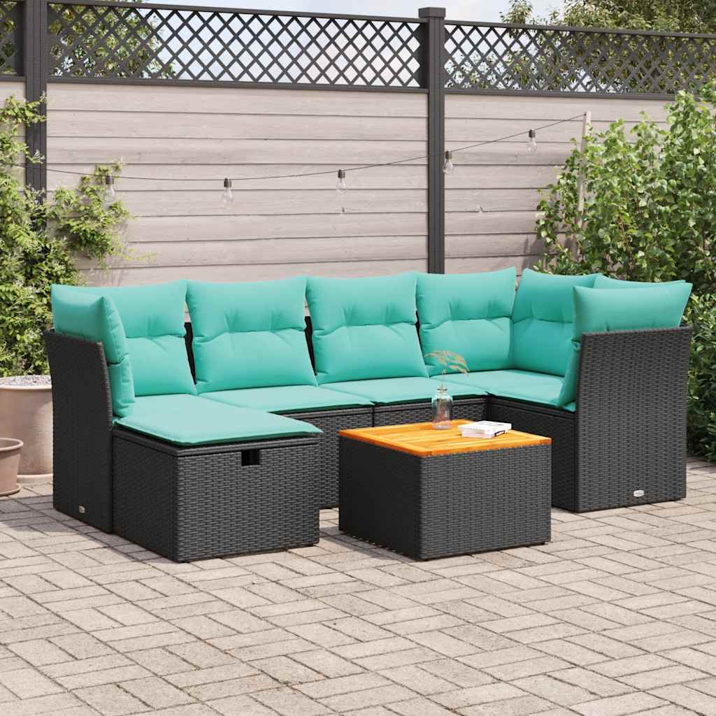 7-delige Loungeset met kussens poly rattan zwart – afbeelding 1