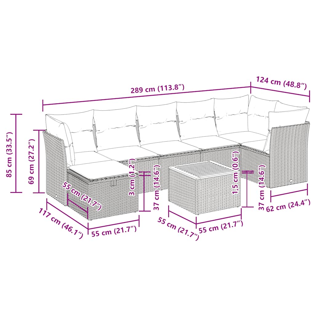 8-delige Loungeset met kussens poly rattan zwart – afbeelding 11