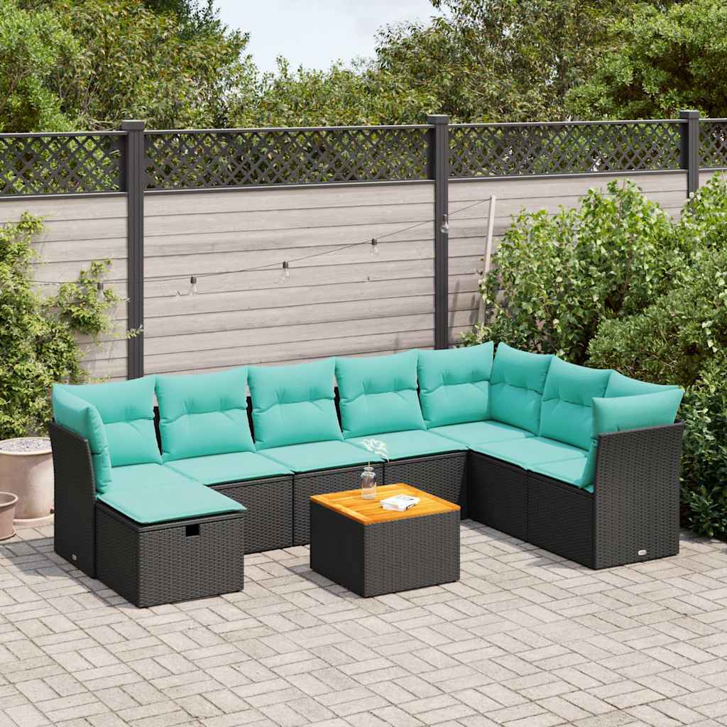 9-delige Loungeset met kussens poly rattan zwart – afbeelding 1