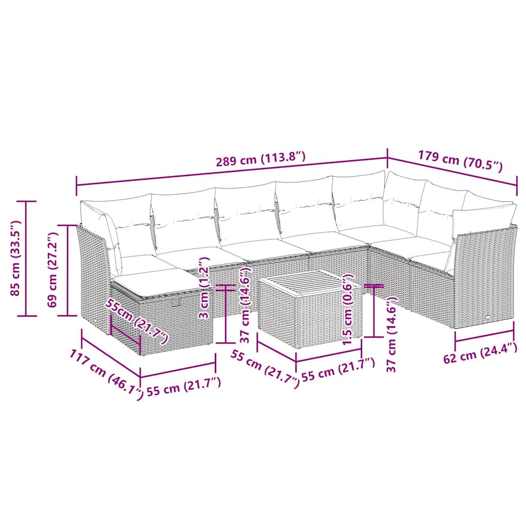 9-delige Loungeset met kussens poly rattan zwart – afbeelding 12