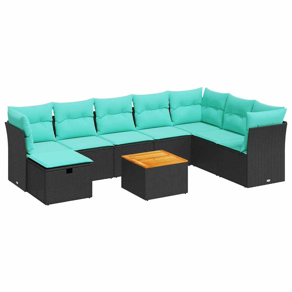 9-delige Loungeset met kussens poly rattan zwart – afbeelding 2