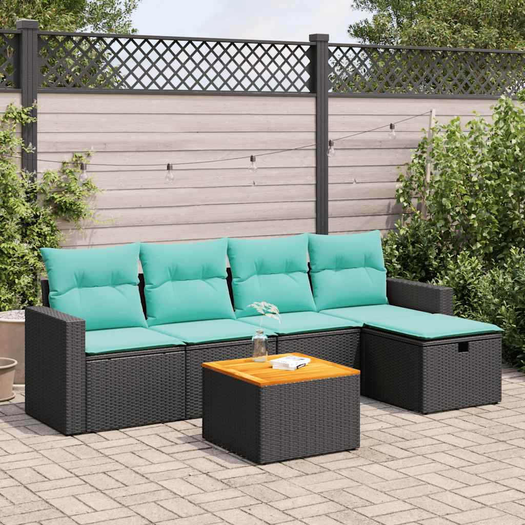 6-delige Loungeset met kussens poly rattan zwart – afbeelding 1