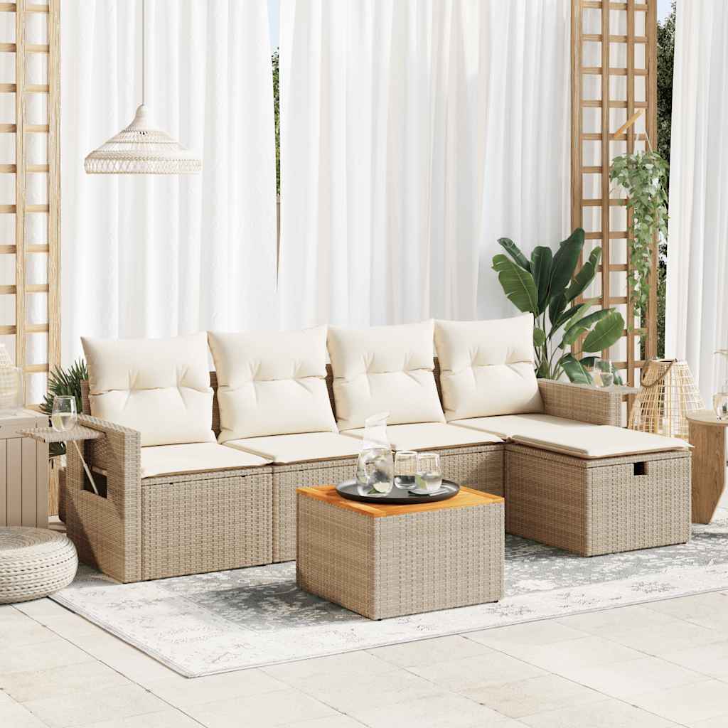 6-delige Loungeset met kussens poly rattan beige – afbeelding 1