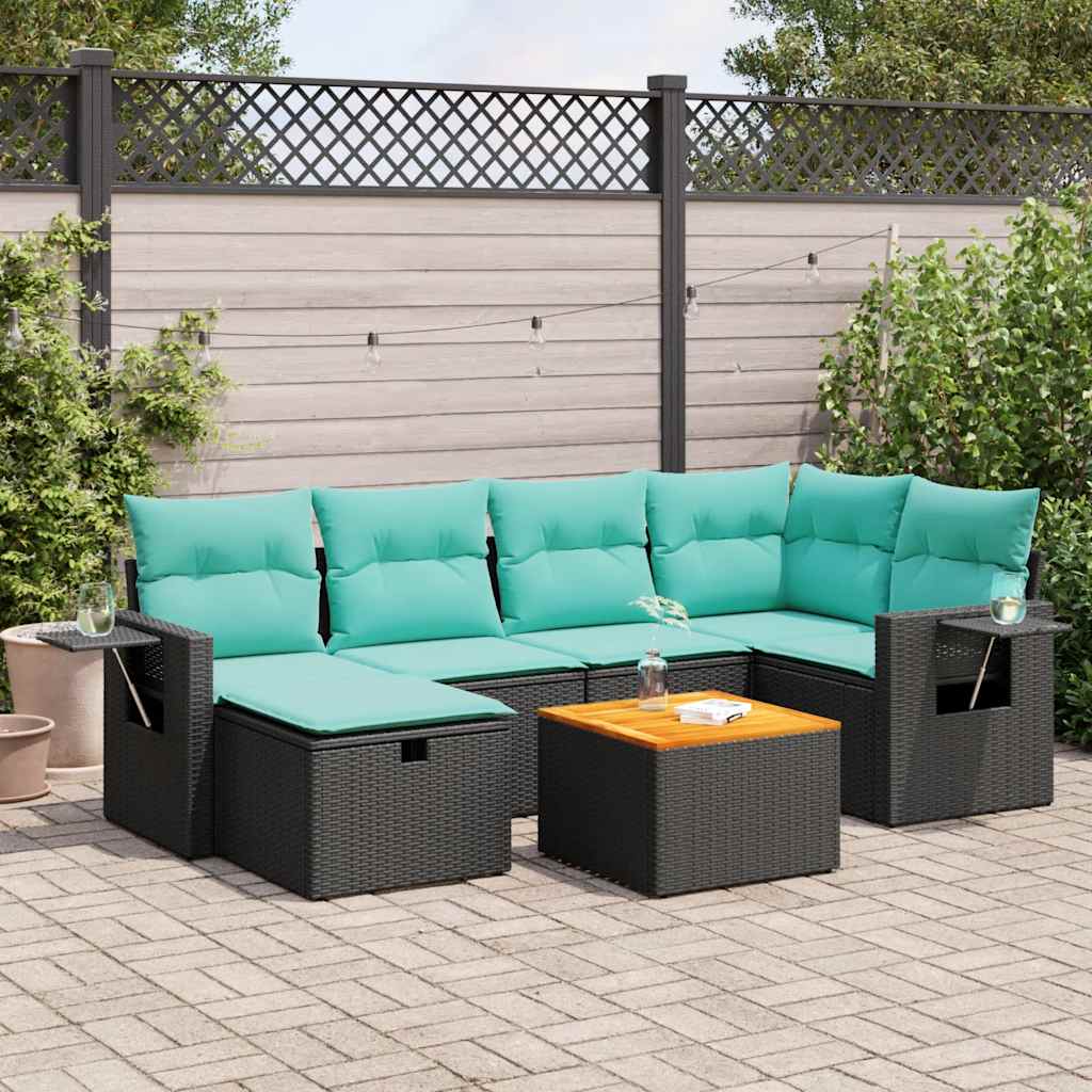7-delige Loungeset met kussens poly rattan zwart – afbeelding 1