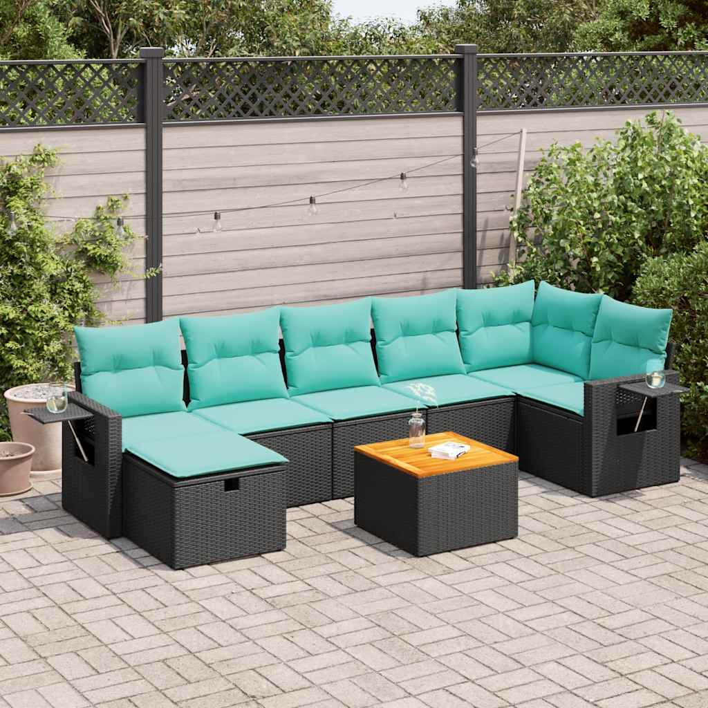 8-delige Loungeset met kussens poly rattan zwart – afbeelding 1