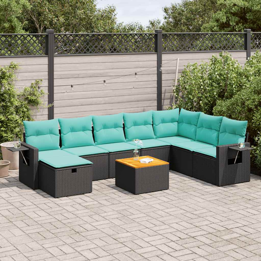 9-delige Loungeset met kussens poly rattan zwart – afbeelding 1