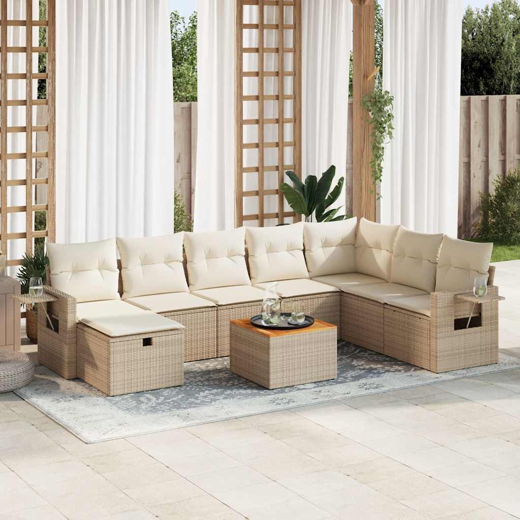 9-delige Loungeset met kussens poly rattan beige – afbeelding 1