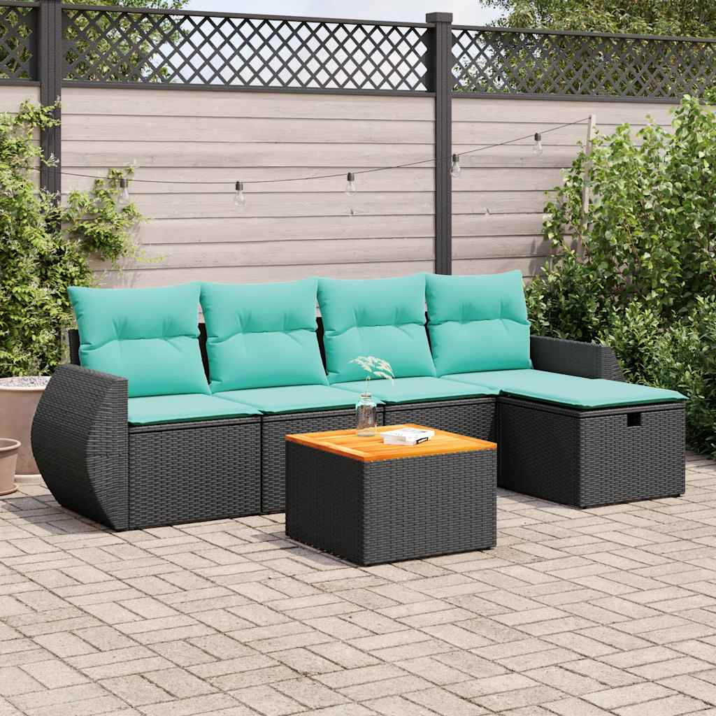 6-delige Loungeset met kussens poly rattan zwart – afbeelding 1