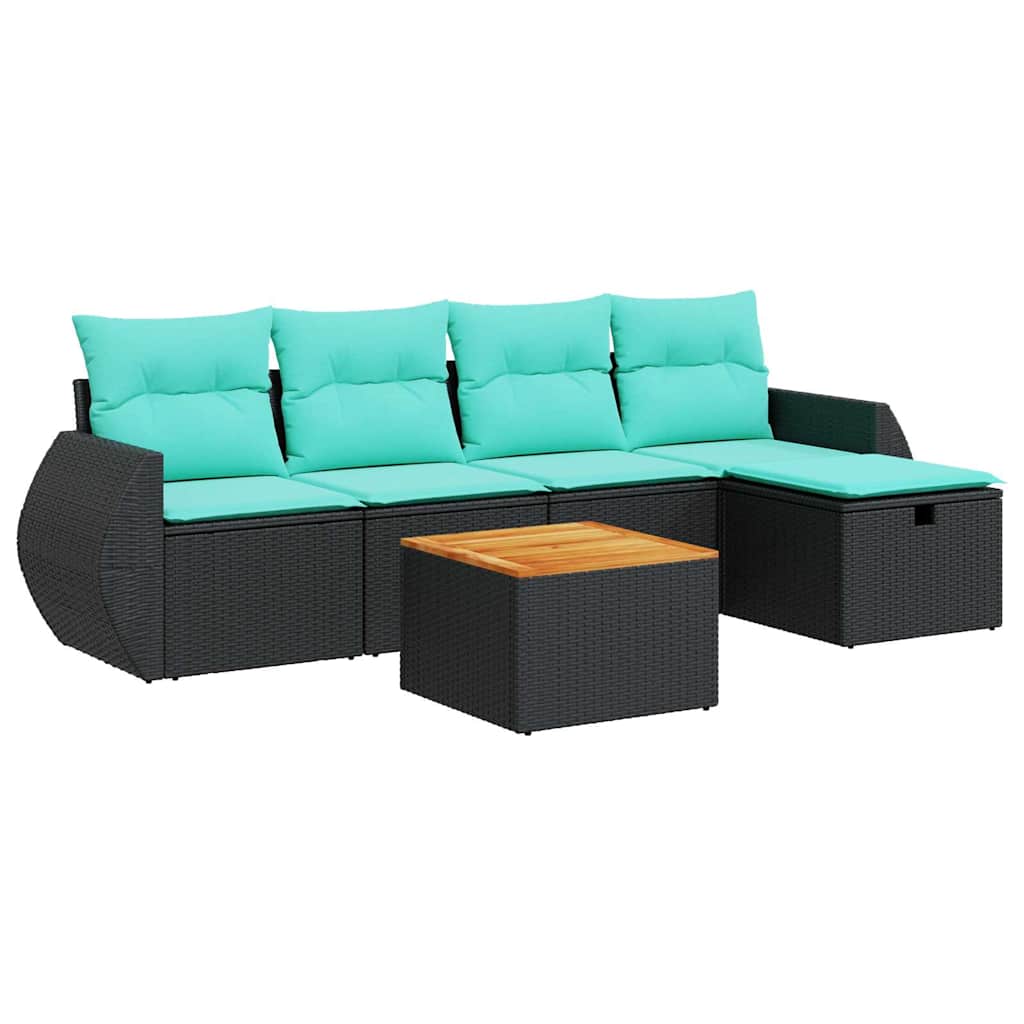 6-delige Loungeset met kussens poly rattan zwart – afbeelding 2
