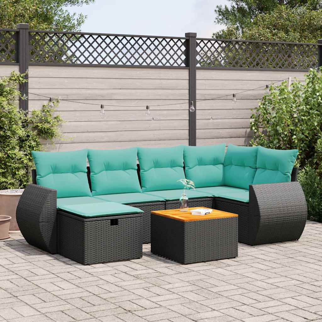 7-delige Loungeset met kussens poly rattan zwart – afbeelding 1