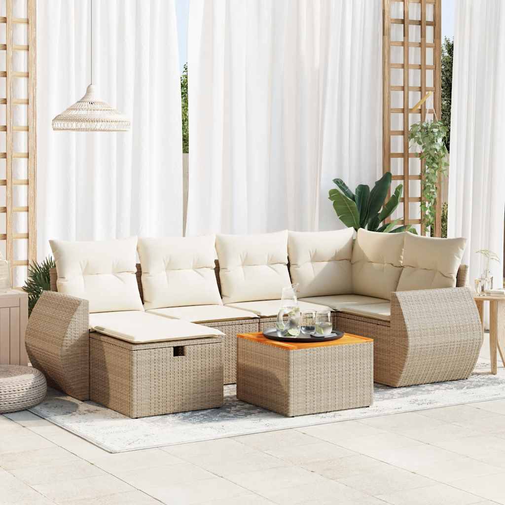 7-delige Loungeset met kussens poly rattan beige – afbeelding 1