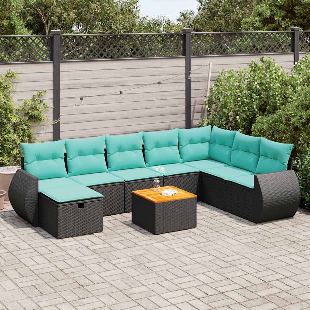 9-delige Loungeset met kussens poly rattan zwart – afbeelding 1