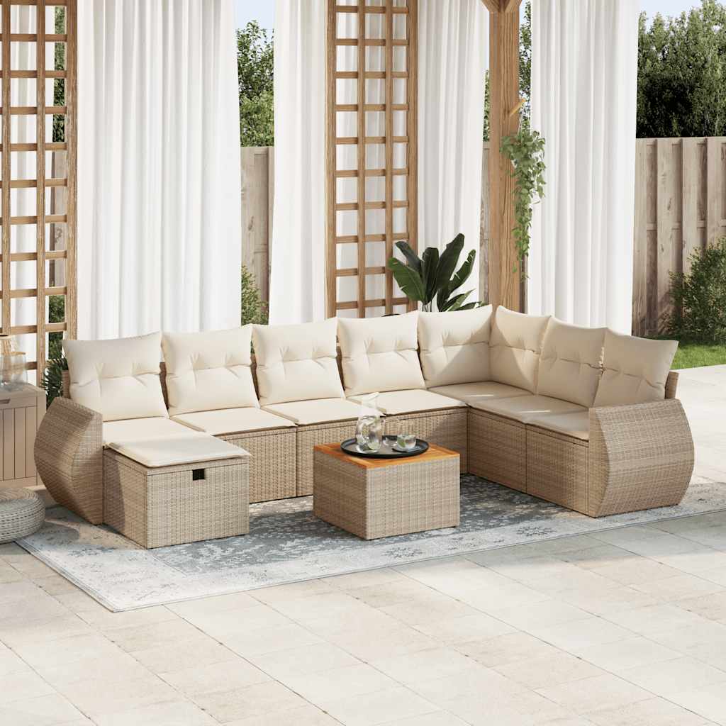 9-delige Loungeset met kussens poly rattan beige – afbeelding 1