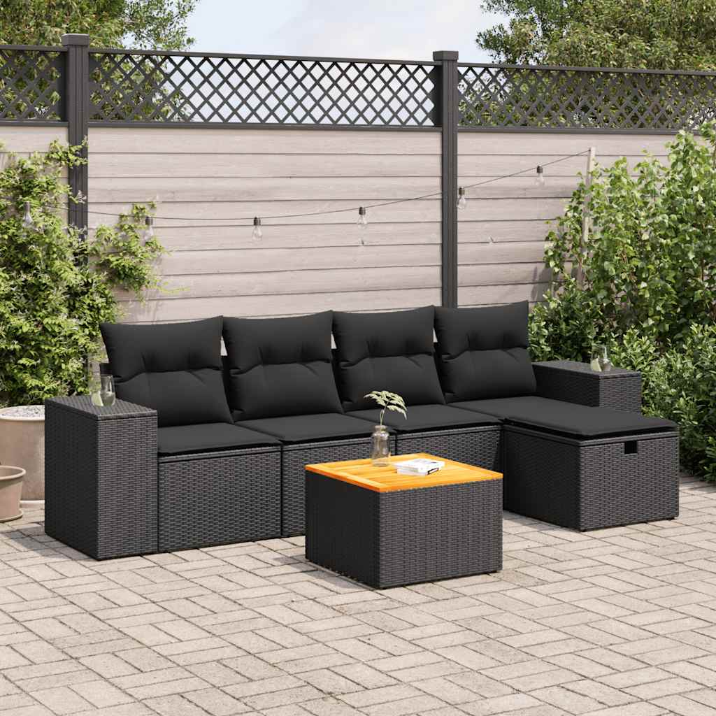 6-delige Loungeset met kussens poly rattan zwart