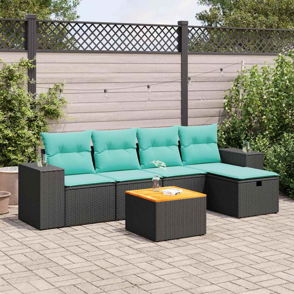 6-delige Loungeset met kussens poly rattan zwart – afbeelding 1