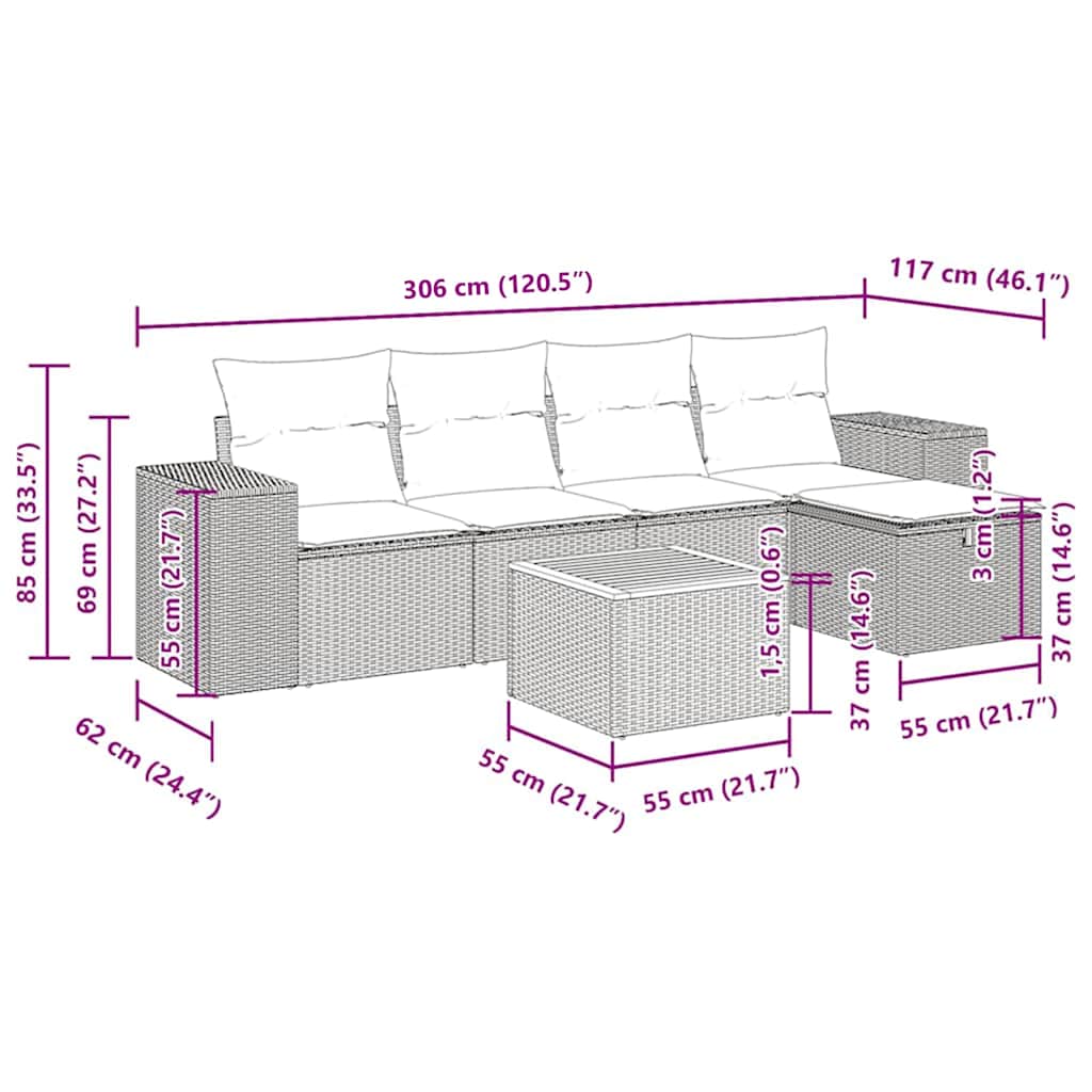 6-delige Loungeset met kussens poly rattan zwart – afbeelding 12