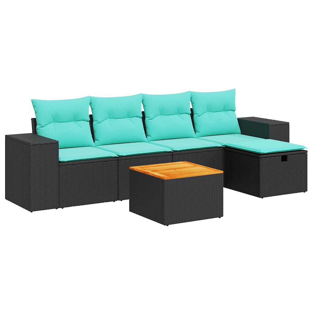 6-delige Loungeset met kussens poly rattan zwart – afbeelding 2