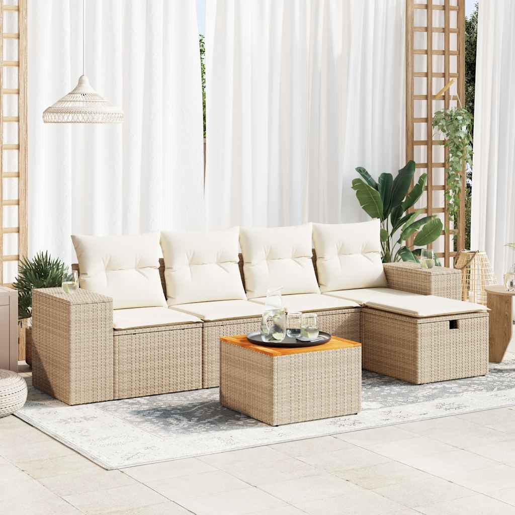 6-delige Loungeset met kussens poly rattan beige – afbeelding 1