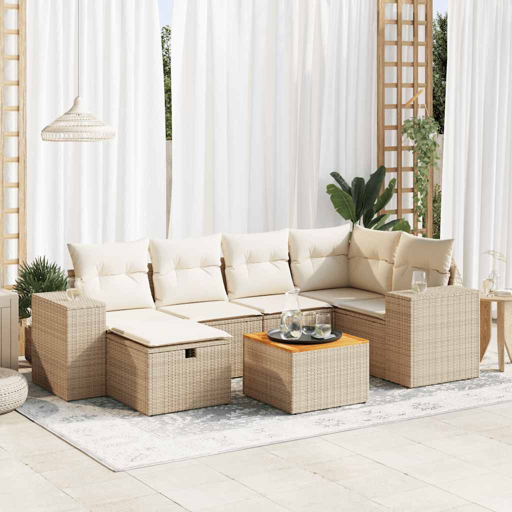 7-delige Loungeset met kussens poly rattan beige – afbeelding 1