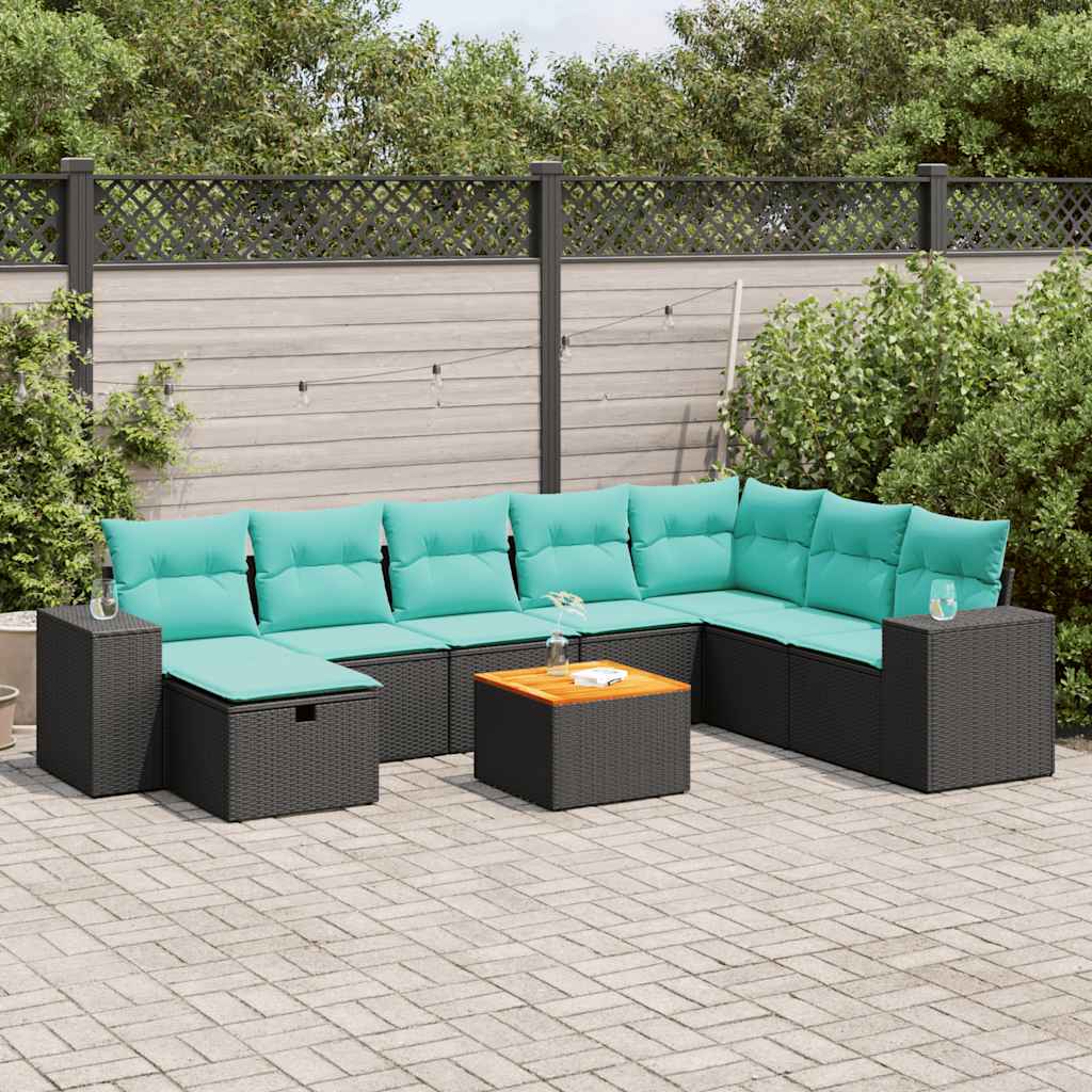 9-delige Loungeset met kussens poly rattan zwart – afbeelding 1