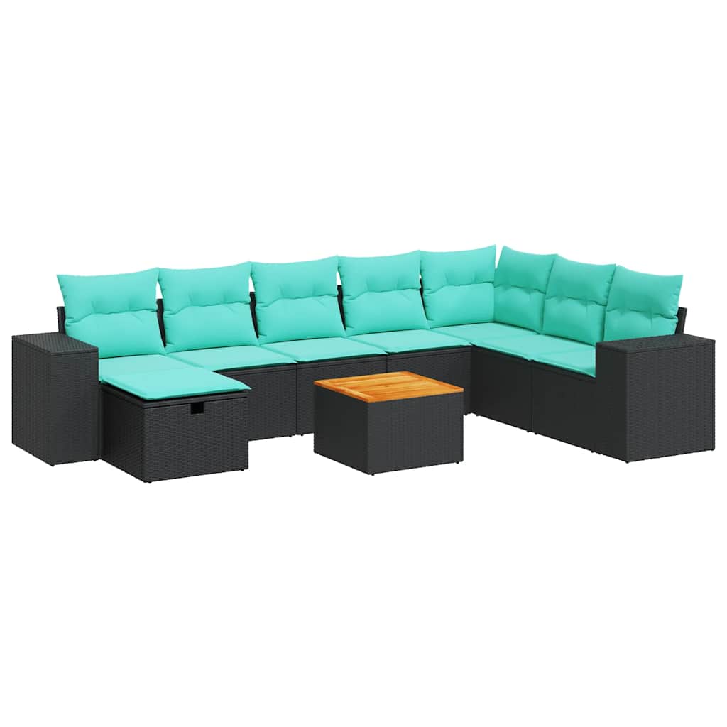 9-delige Loungeset met kussens poly rattan zwart – afbeelding 2