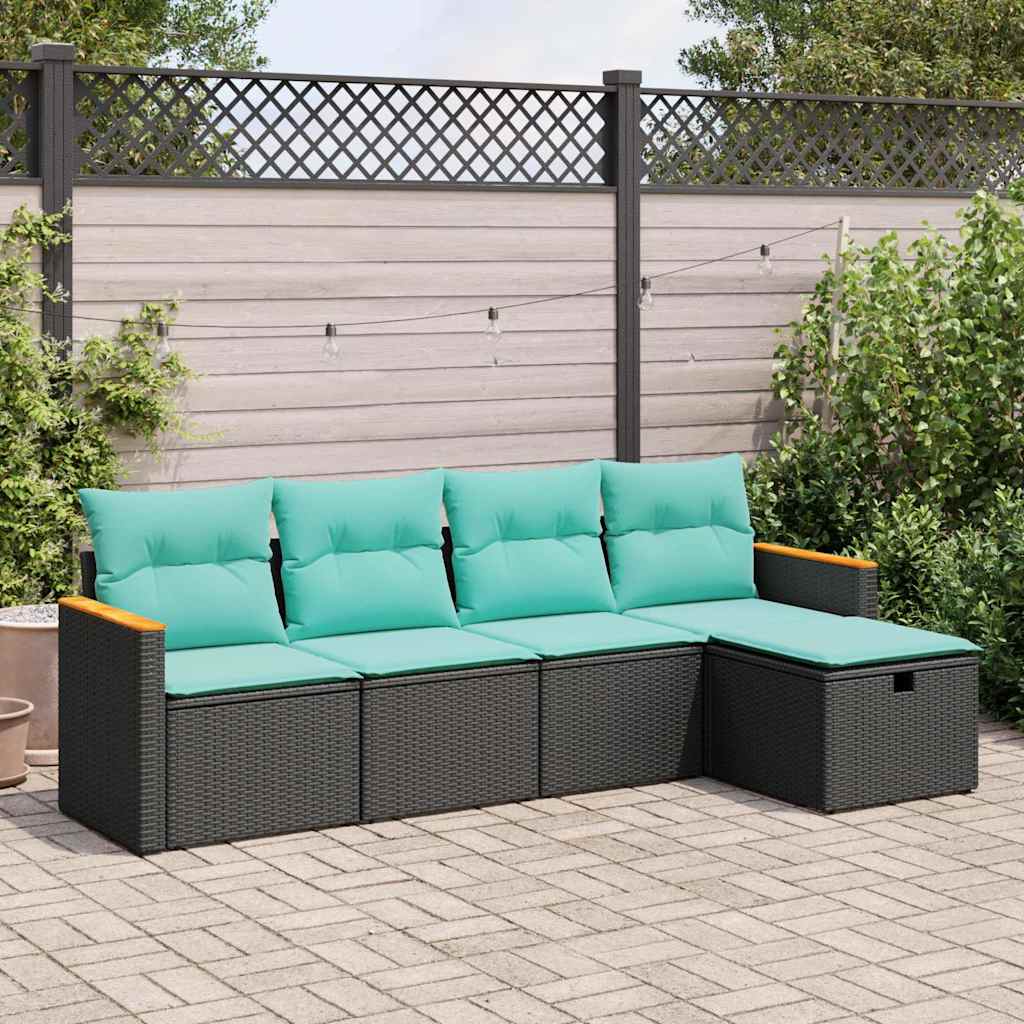5-delige Loungeset met kussens poly rattan zwart – afbeelding 1