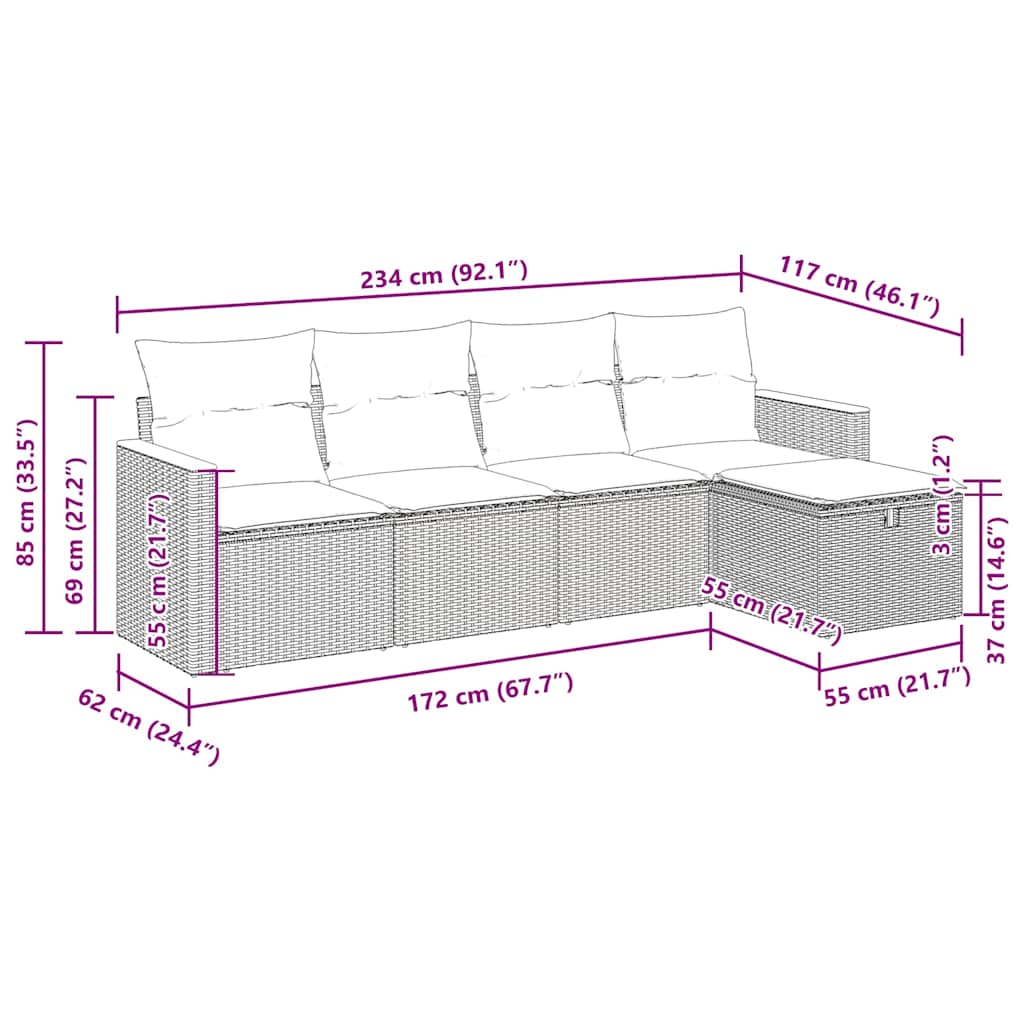 5-delige Loungeset met kussens poly rattan zwart – afbeelding 12