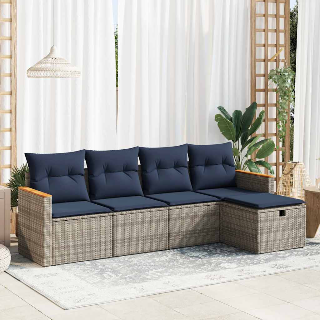 5-delige Loungeset met kussens poly rattan grijs – afbeelding 1