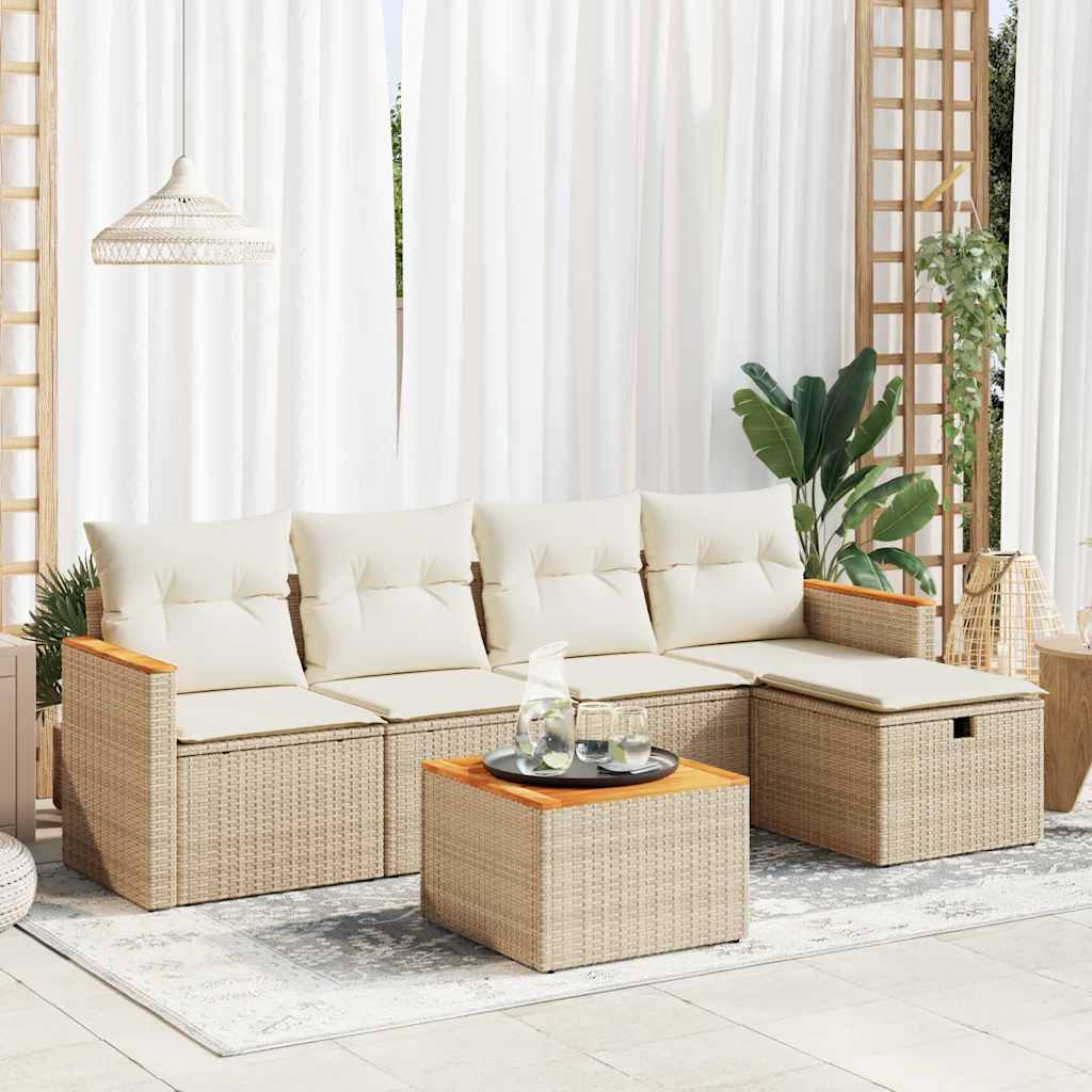 6-delige Loungeset met kussens poly rattan beige – afbeelding 1