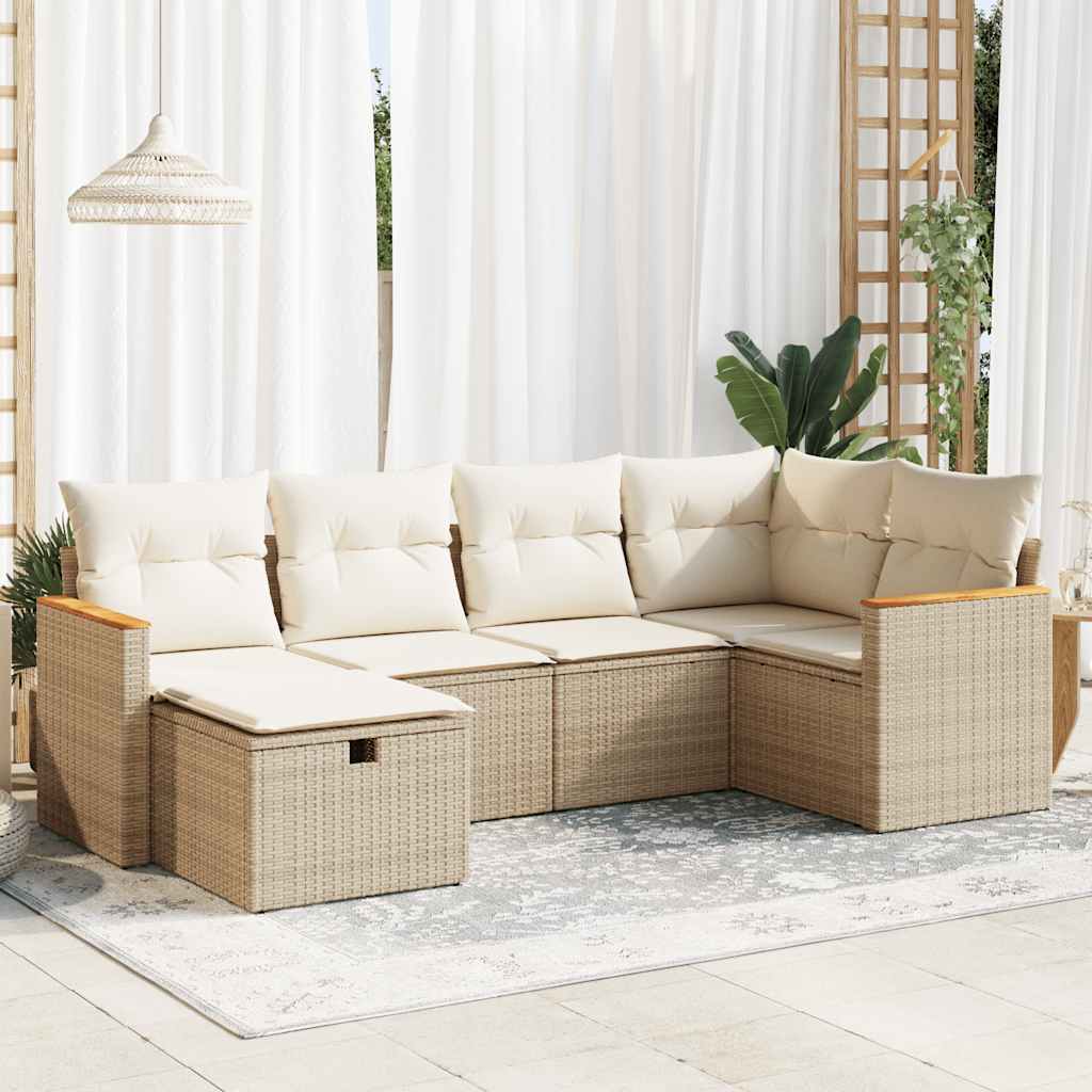 6-delige Loungeset met kussens poly rattan beige – afbeelding 1