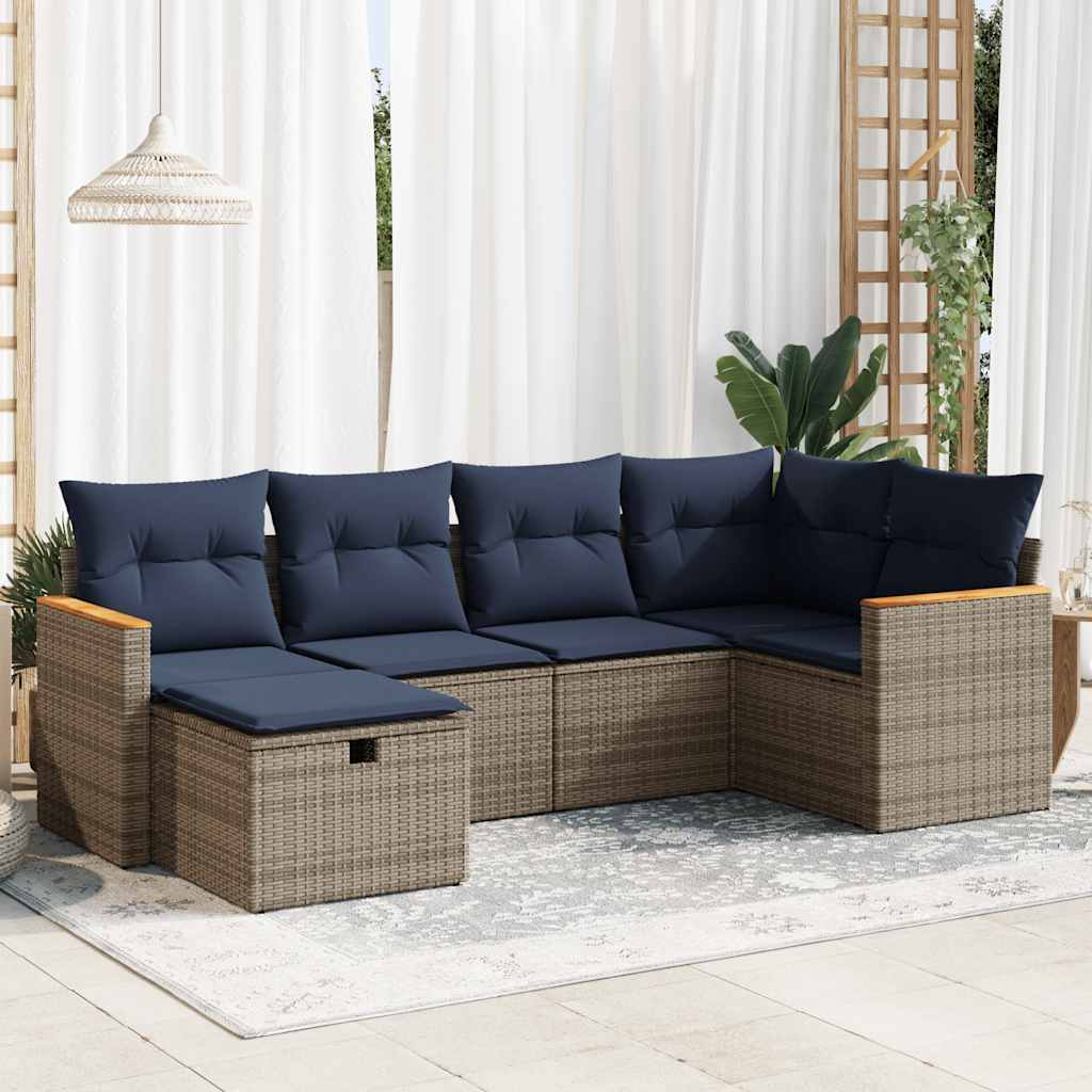 6-delige Loungeset met kussens poly rattan grijs – afbeelding 1