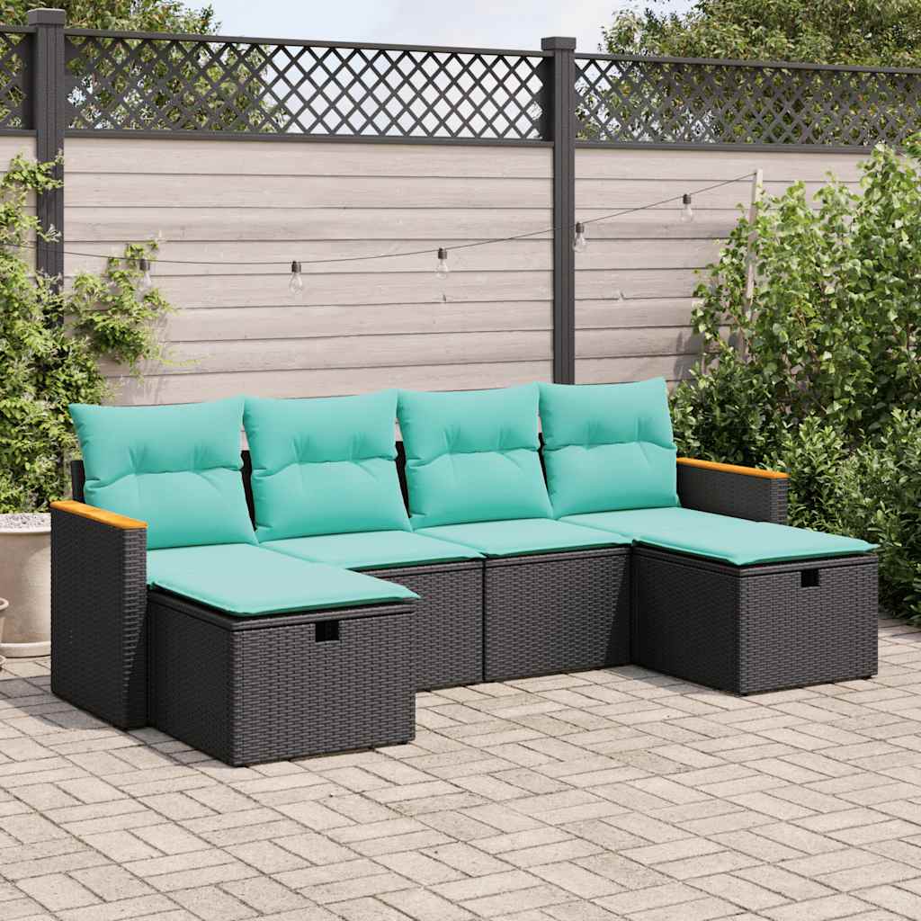 6-delige Loungeset met kussens poly rattan zwart – afbeelding 1