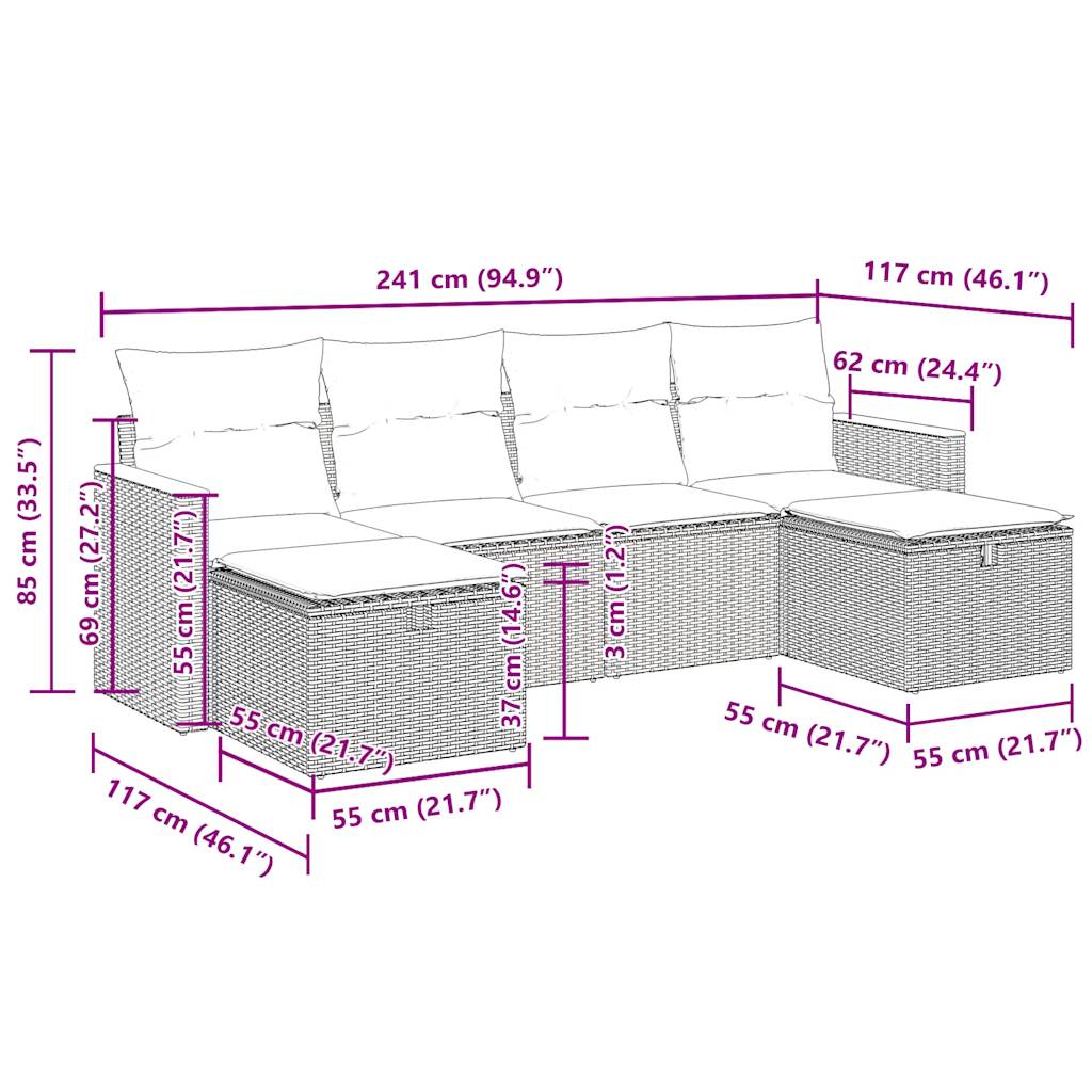 6-delige Loungeset met kussens poly rattan zwart – afbeelding 12