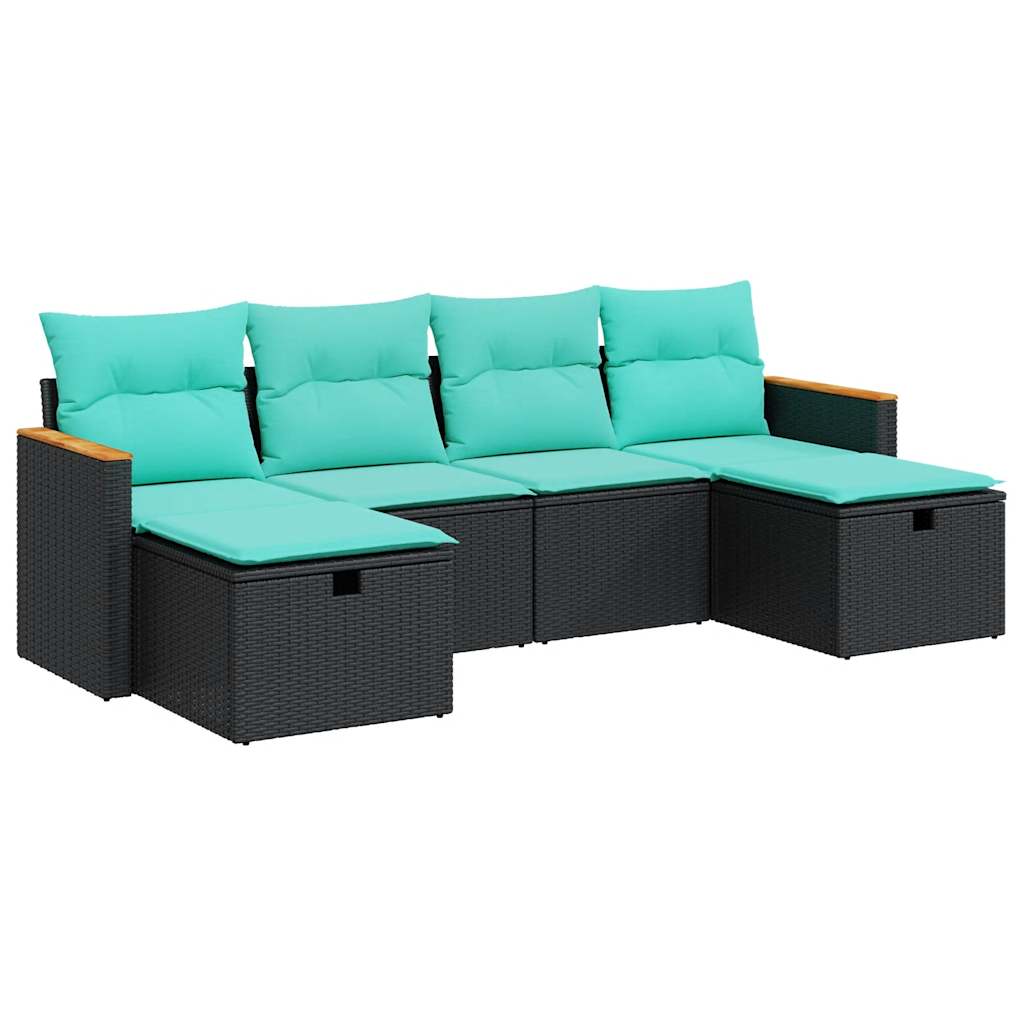 6-delige Loungeset met kussens poly rattan zwart – afbeelding 2