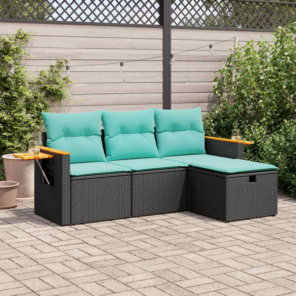 4-delige Loungeset met kussens poly rattan zwart – afbeelding 1