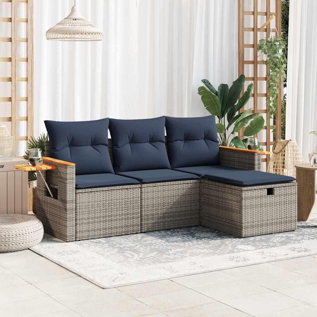 4-delige Loungeset met kussens poly rattan grijs – afbeelding 1