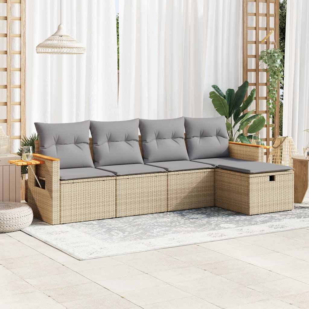 5-delige Loungeset met kussens poly rattan beige – afbeelding 1