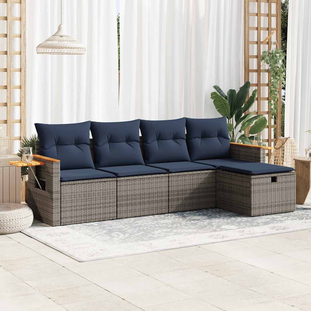 5-delige Loungeset met kussens poly rattan grijs – afbeelding 1