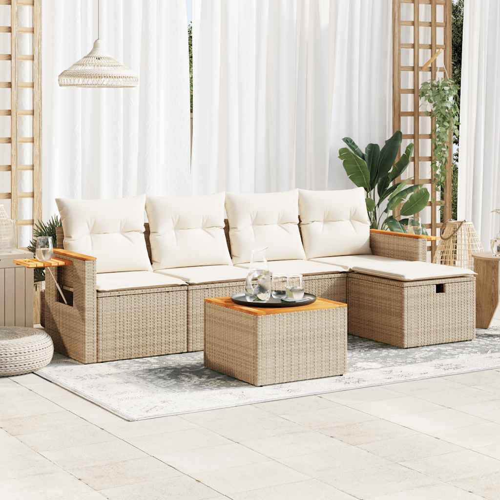6-delige Loungeset met kussens poly rattan beige – afbeelding 1