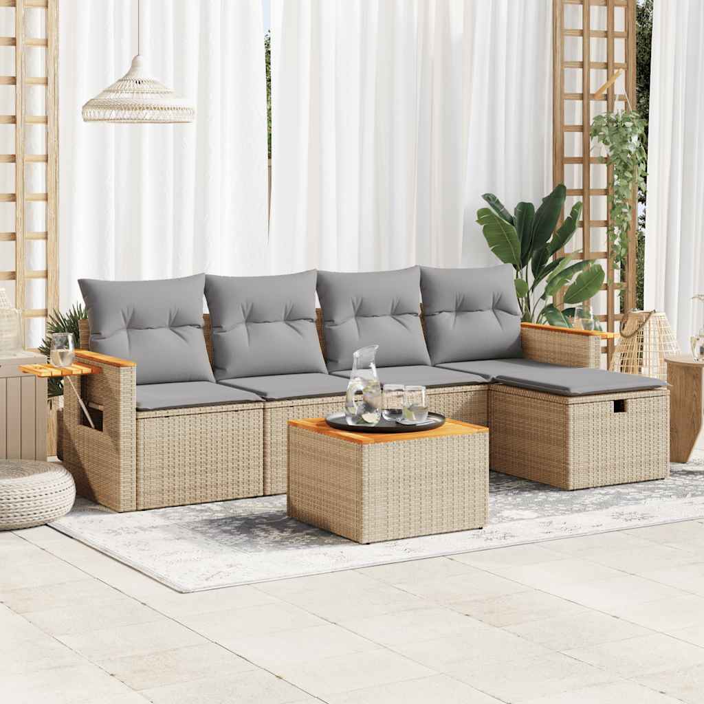 6-delige Loungeset met kussens poly rattan beige – afbeelding 1