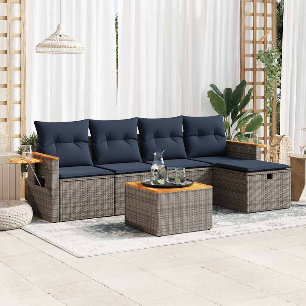 6-delige Loungeset met kussens poly rattan grijs – afbeelding 1
