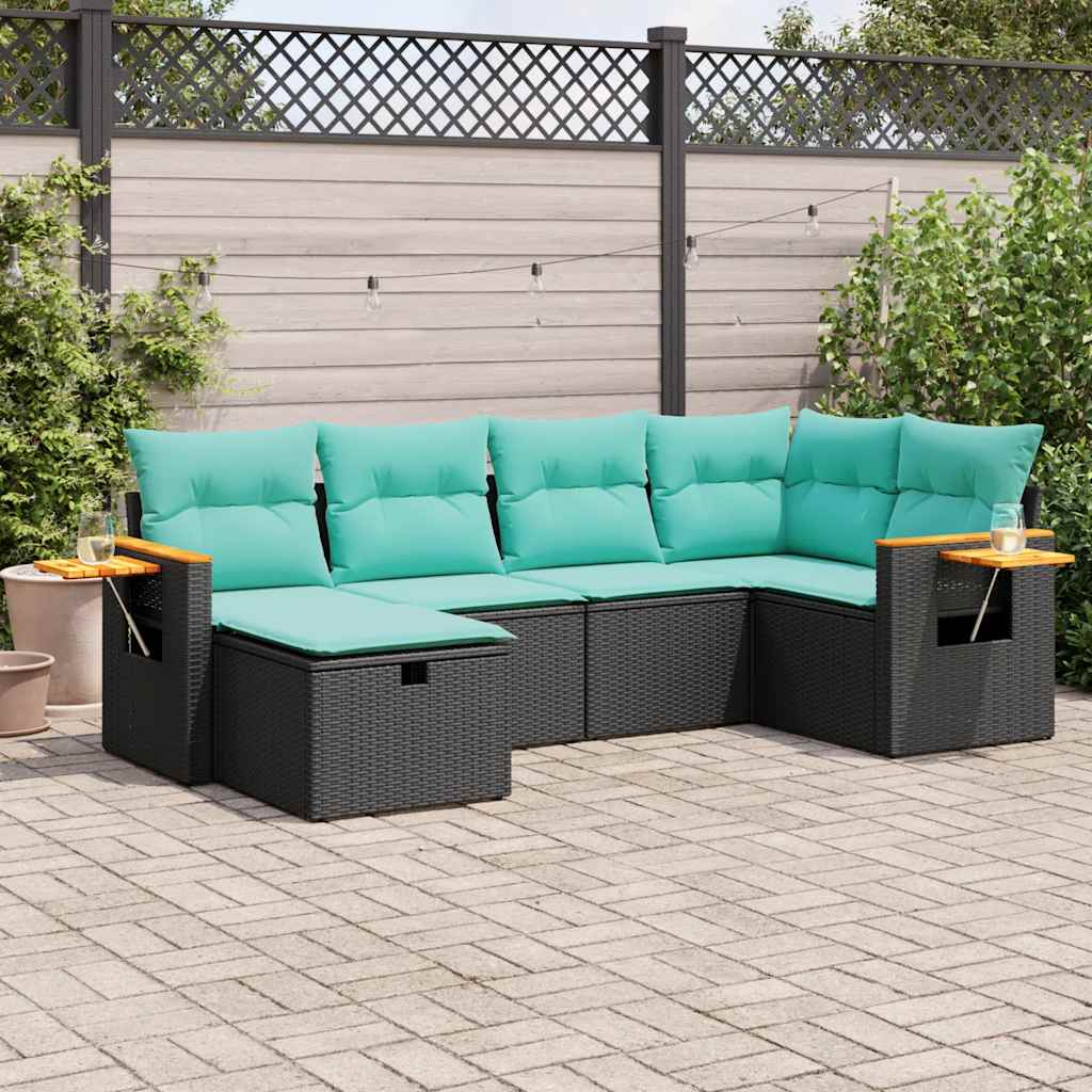 6-delige Loungeset met kussens poly rattan zwart – afbeelding 1