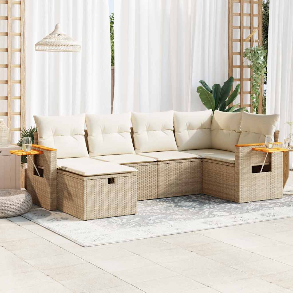 6-delige Loungeset met kussens poly rattan beige – afbeelding 1