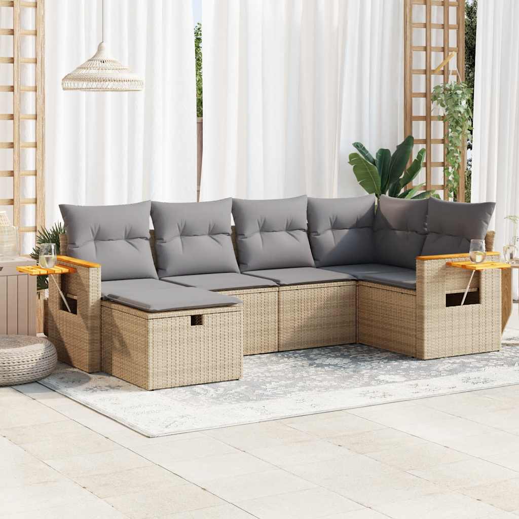 6-delige Loungeset met kussens poly rattan beige – afbeelding 1