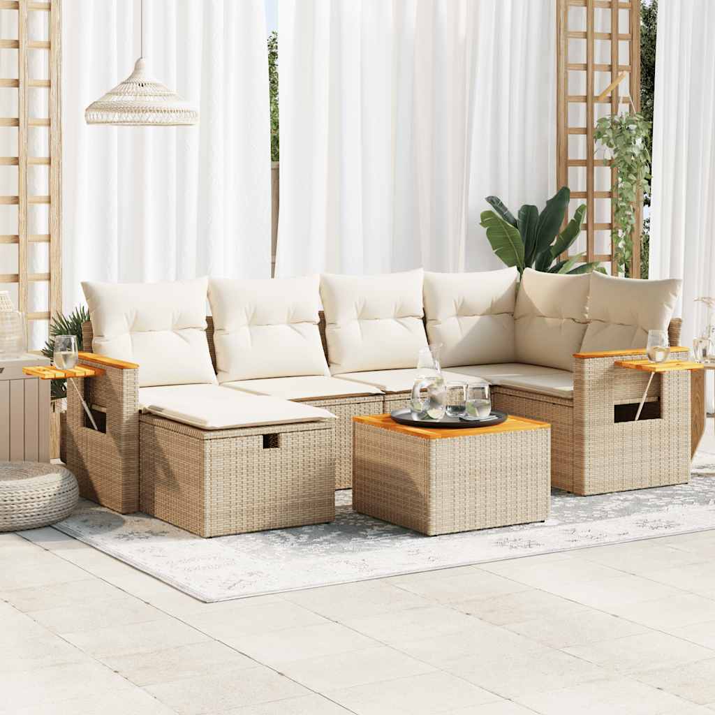 7-delige Loungeset met kussens poly rattan beige – afbeelding 1