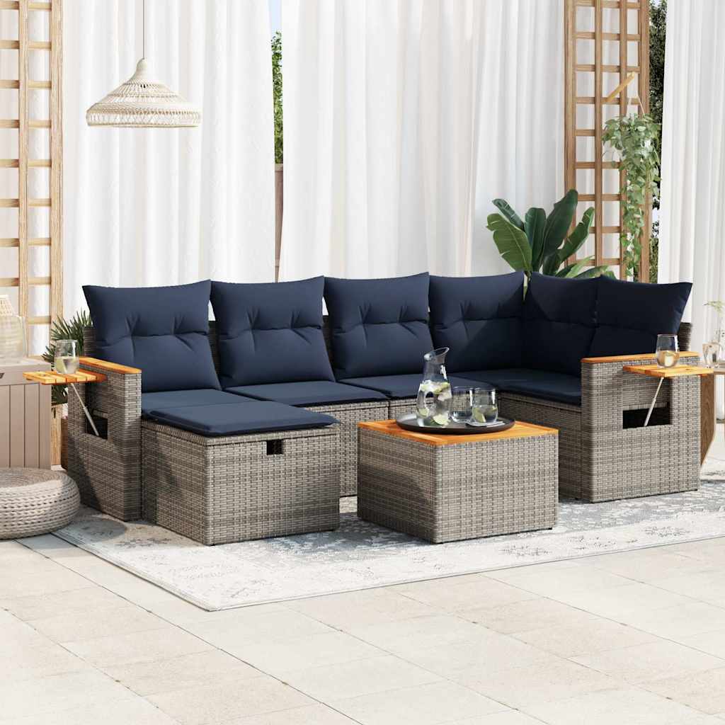 7-delige Loungeset met kussens poly rattan grijs – afbeelding 1